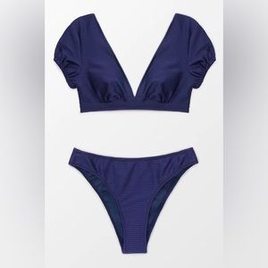 Nina V-neck Cap Sleeves Bikini- navy size large